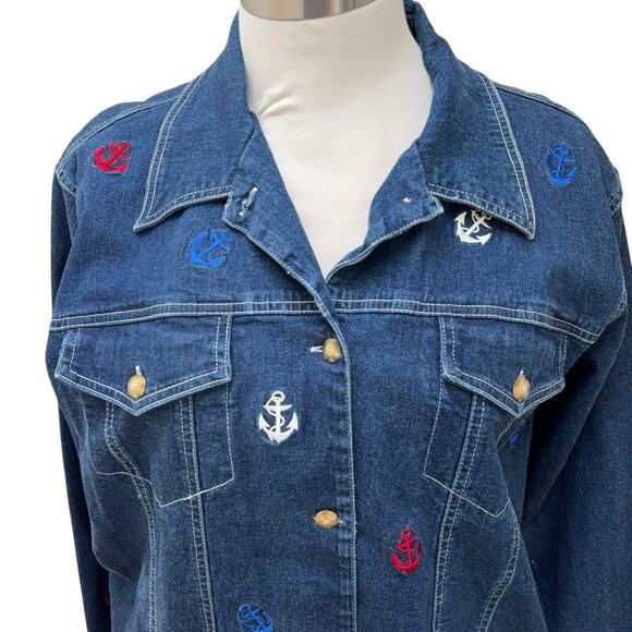 Quacker Factory Denim Jacket Womens Size 1X Anchors Blue Cruise Beach Resort - Picture 2 of 7